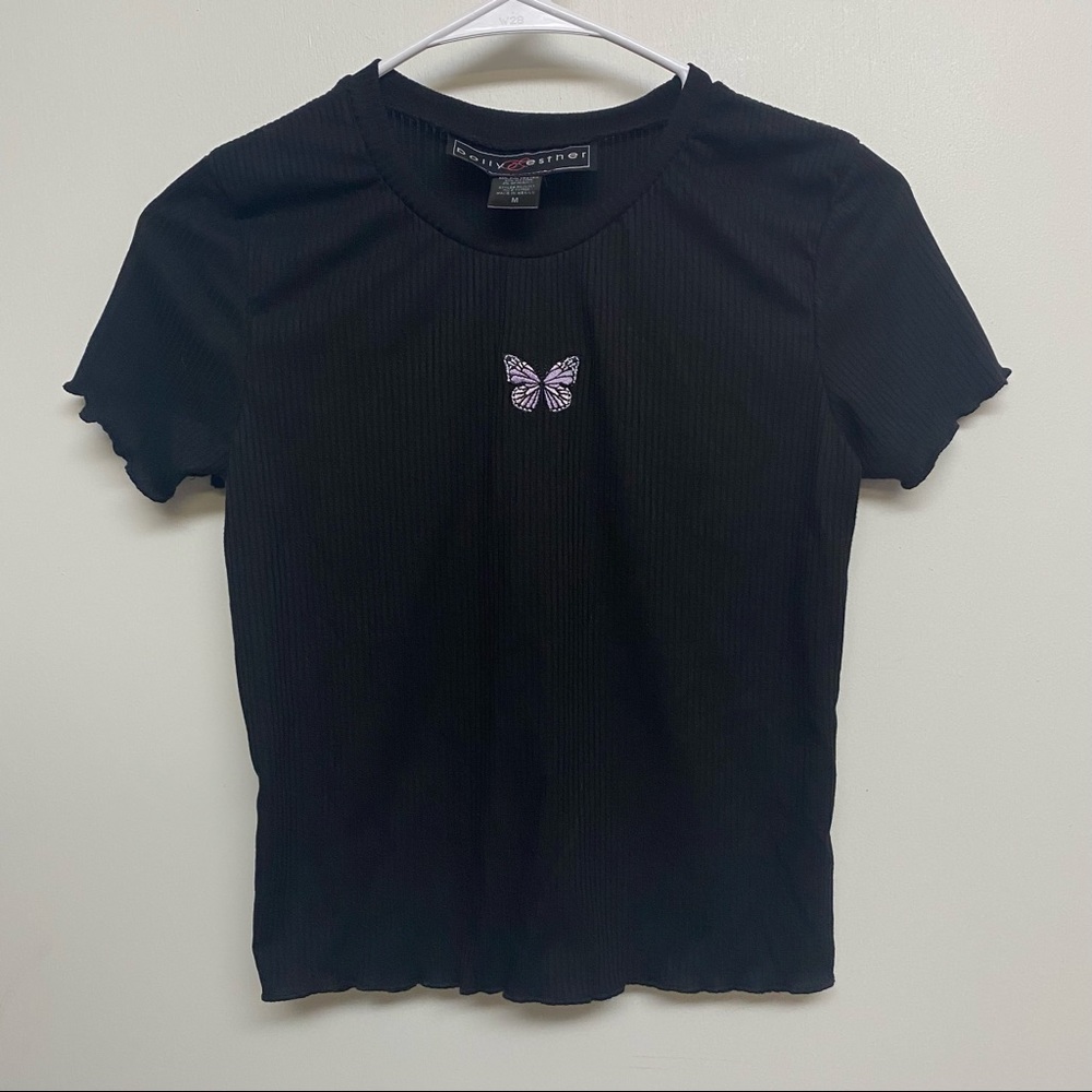 Polly Esther black ribbed butterfly top medium.‎